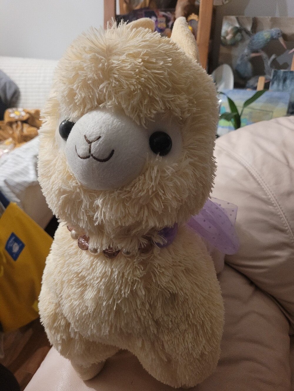 Dreamy Alpacasso Amuse Alpaca Plush XLarge Beige Purple Ribbon Used W/ Tags